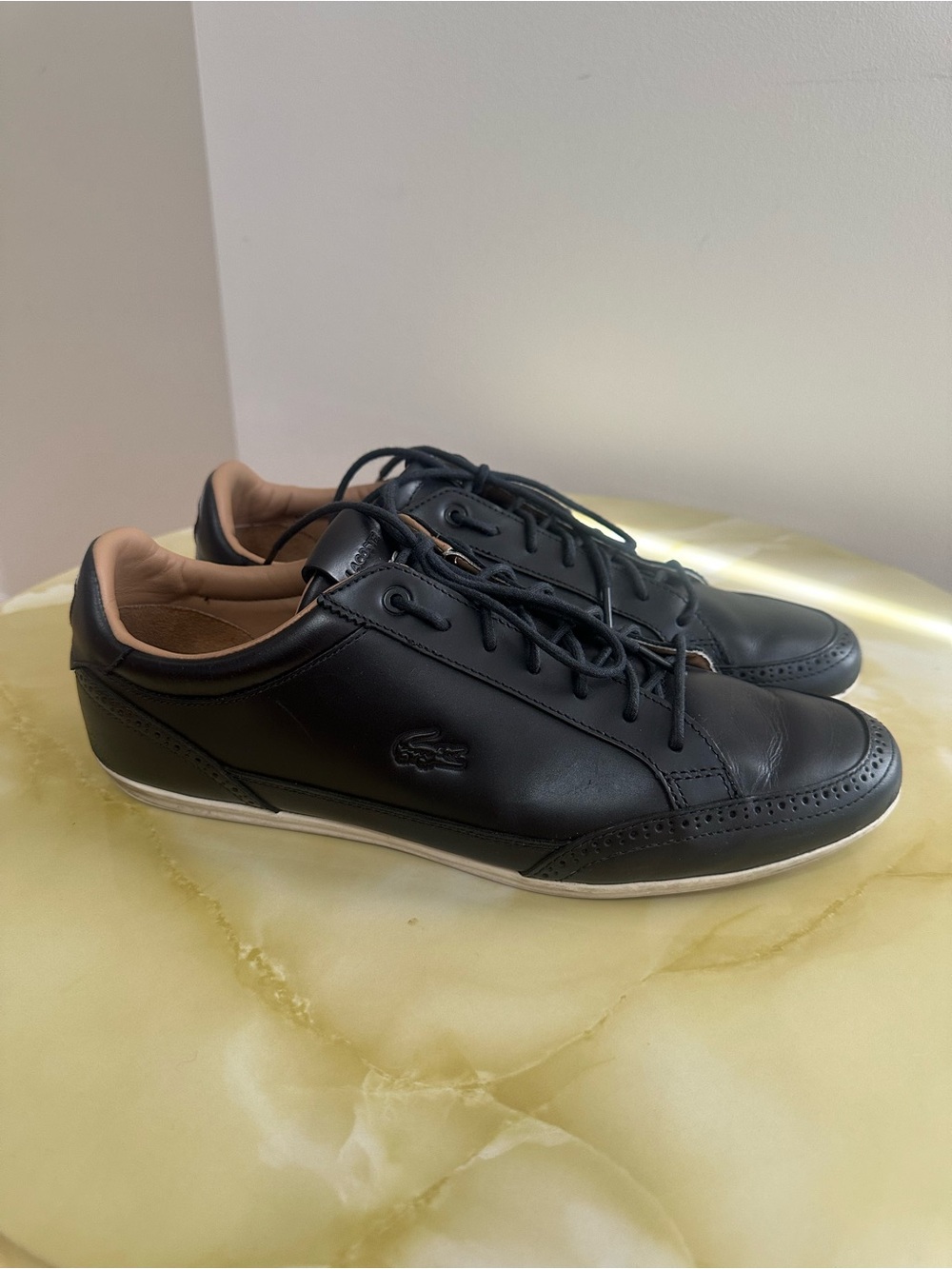 Lacoste Black Leather Slip-On Style Lace Sneakers with Tan Lining